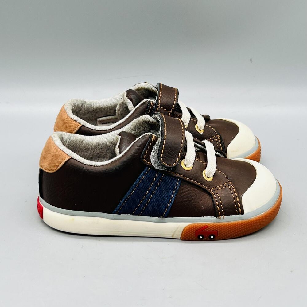 See Kai Run Shoes‎ Boys 7 Brown Leather Car Design Hook Loop Strap Sneakers